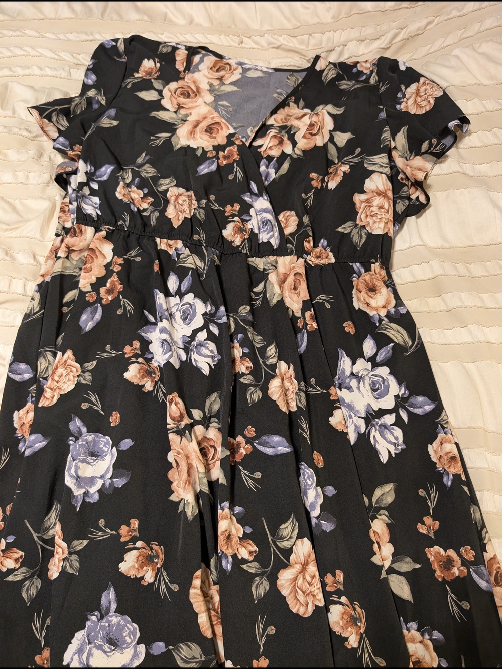 SHEIN Black Floral Midi Dress with Peach and Lavender Roses